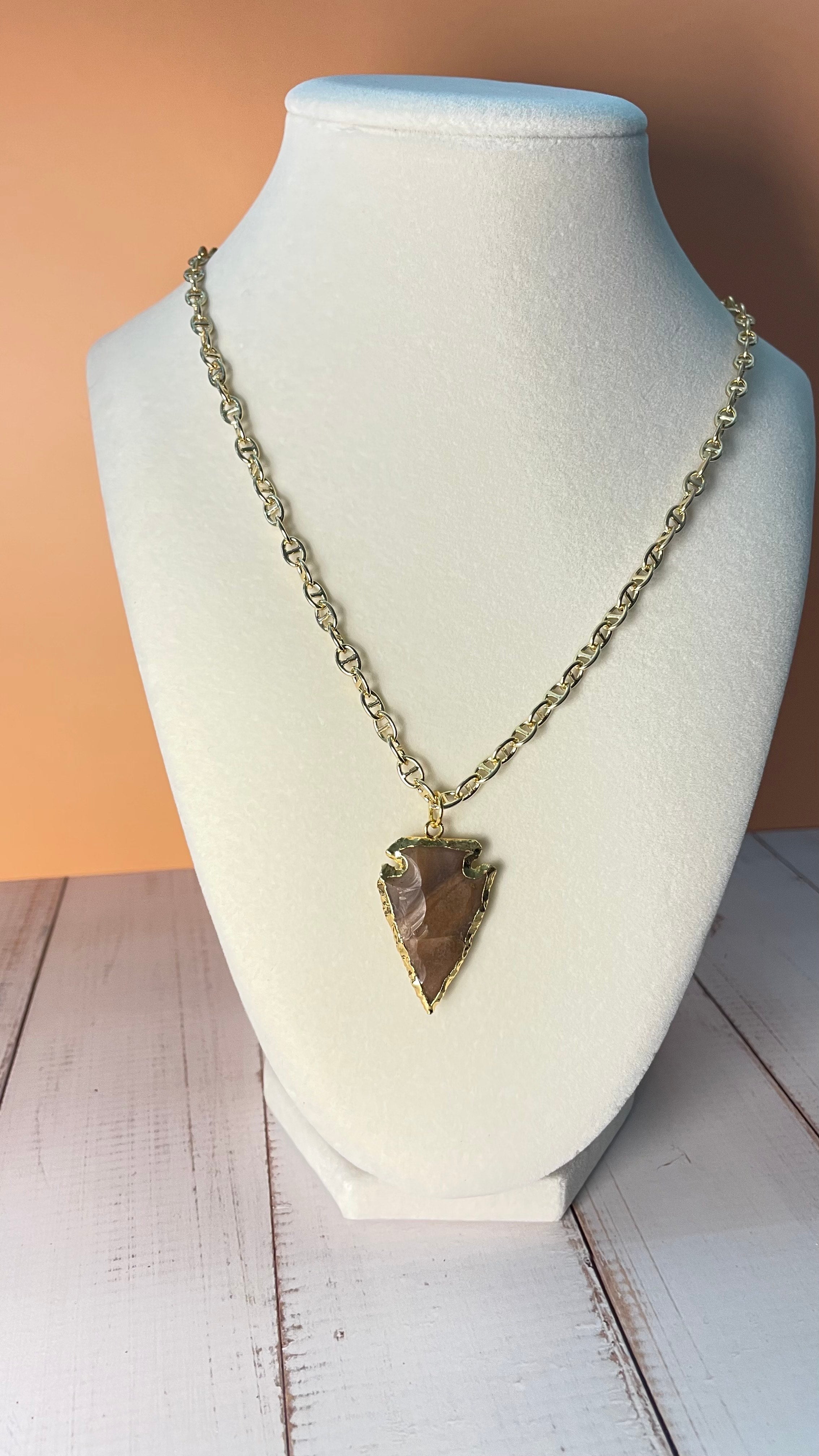 Brown Chert Arrowhead Necklace with Gold Chain on mannequin display bust