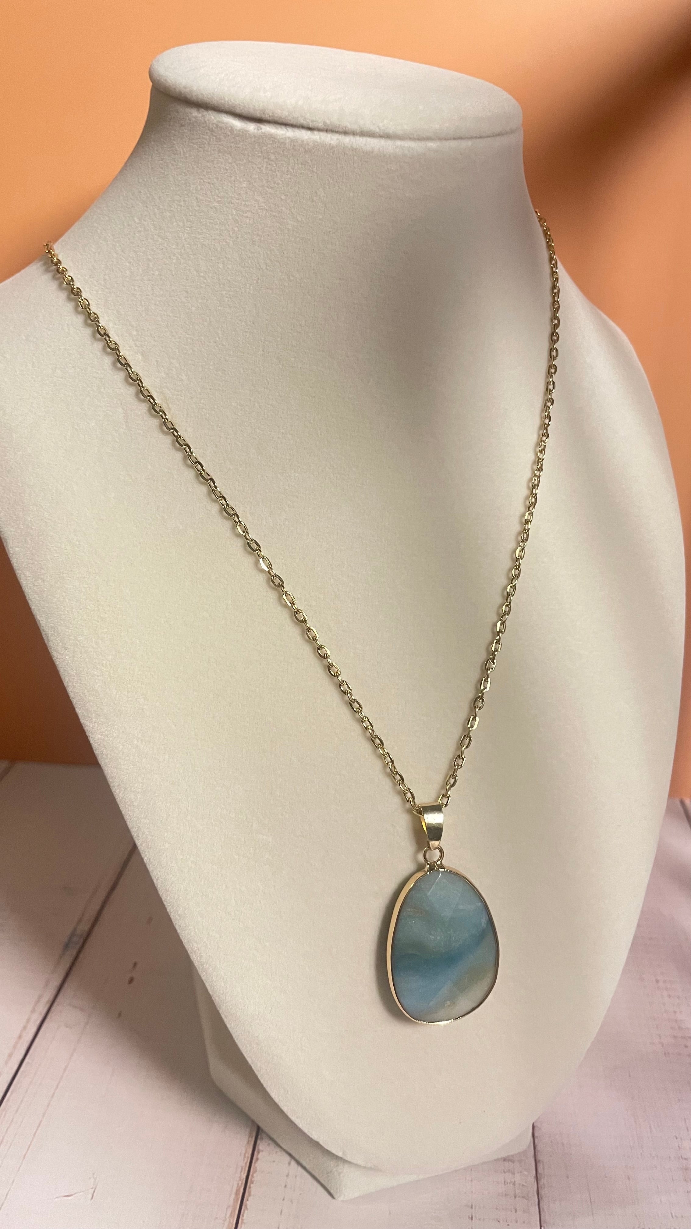 Amazonite Pendant Gold Plated Chain Necklace on Cream Colored Display Bust