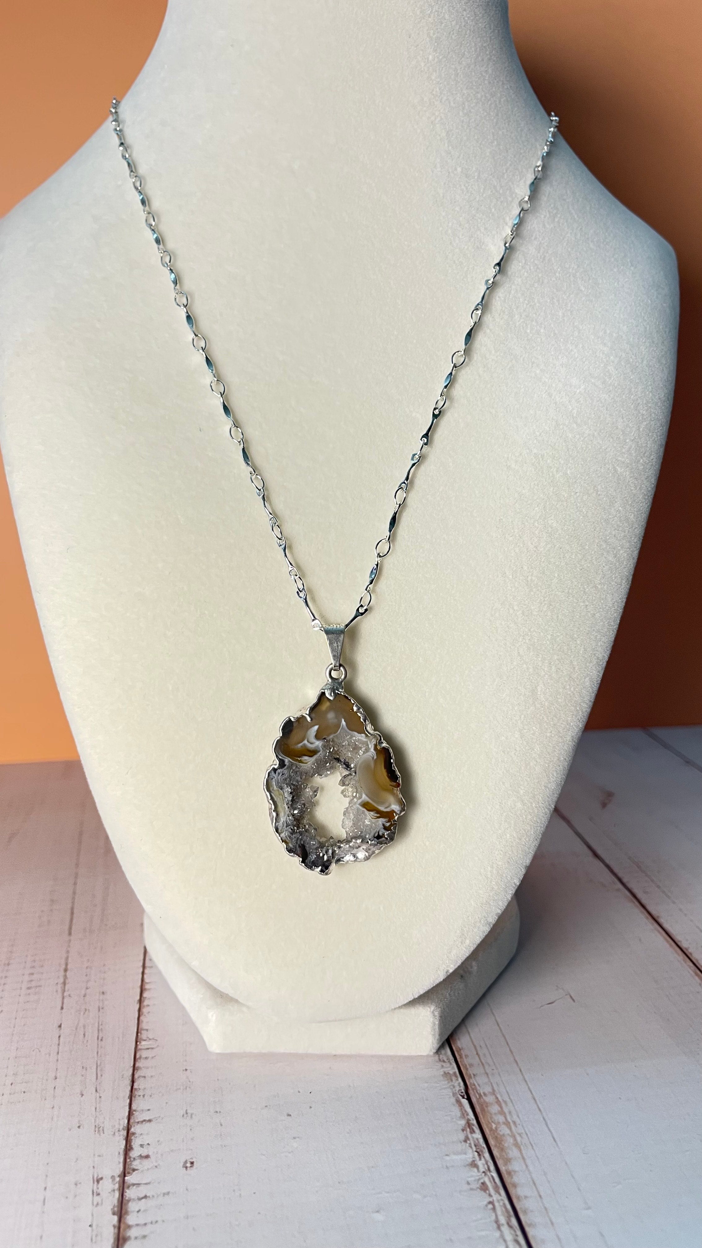 Smoky Agate Slice Pendant Silver Chain Necklace on a mannequin display bust